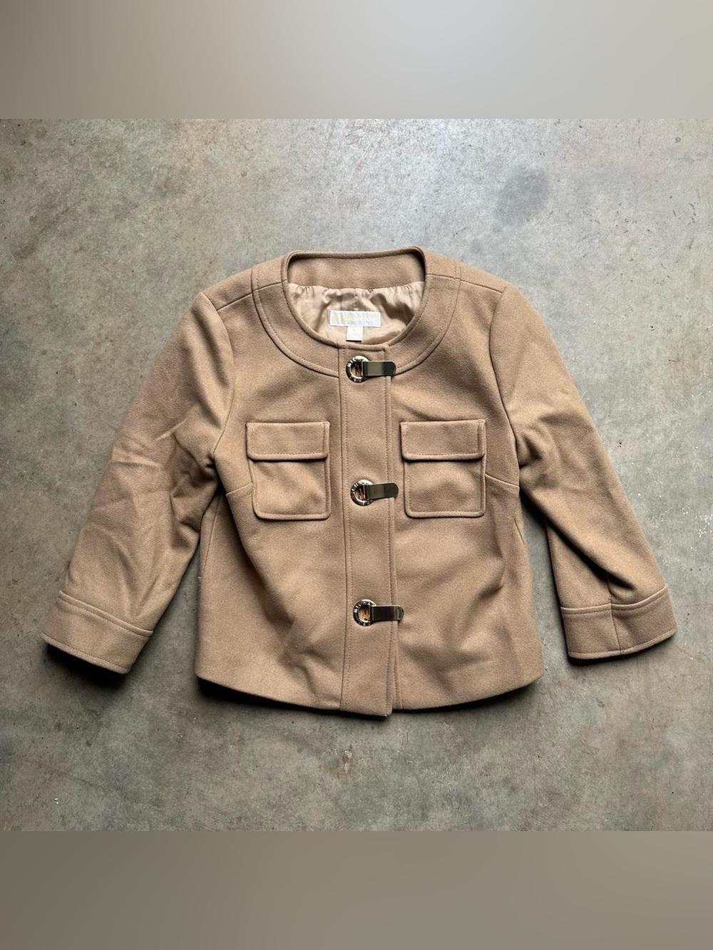 Michael Kors cropped coat with 3/4 sleeves and gold accents
